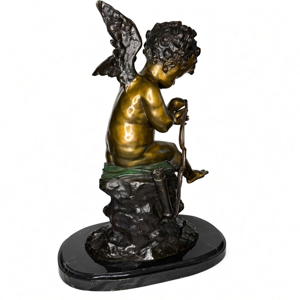 Fomile Seated Cupid With Bow Bronze Sculpture Angel Cherub Marble Base